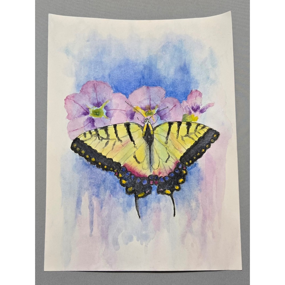 Original Swallowtail Butterfly Floral Watercolor Painting Paper 9x12 Signed OOAK